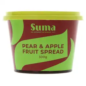 Pear and apple fruit spread in a 300g container, ideal for healthy snacks.