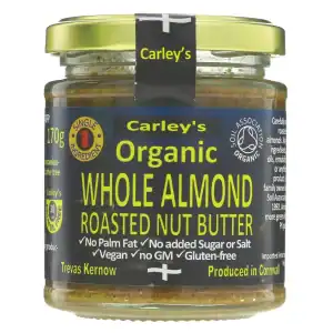 Organic almond butter jar with label, highlighting natural ingredients and health benefits.