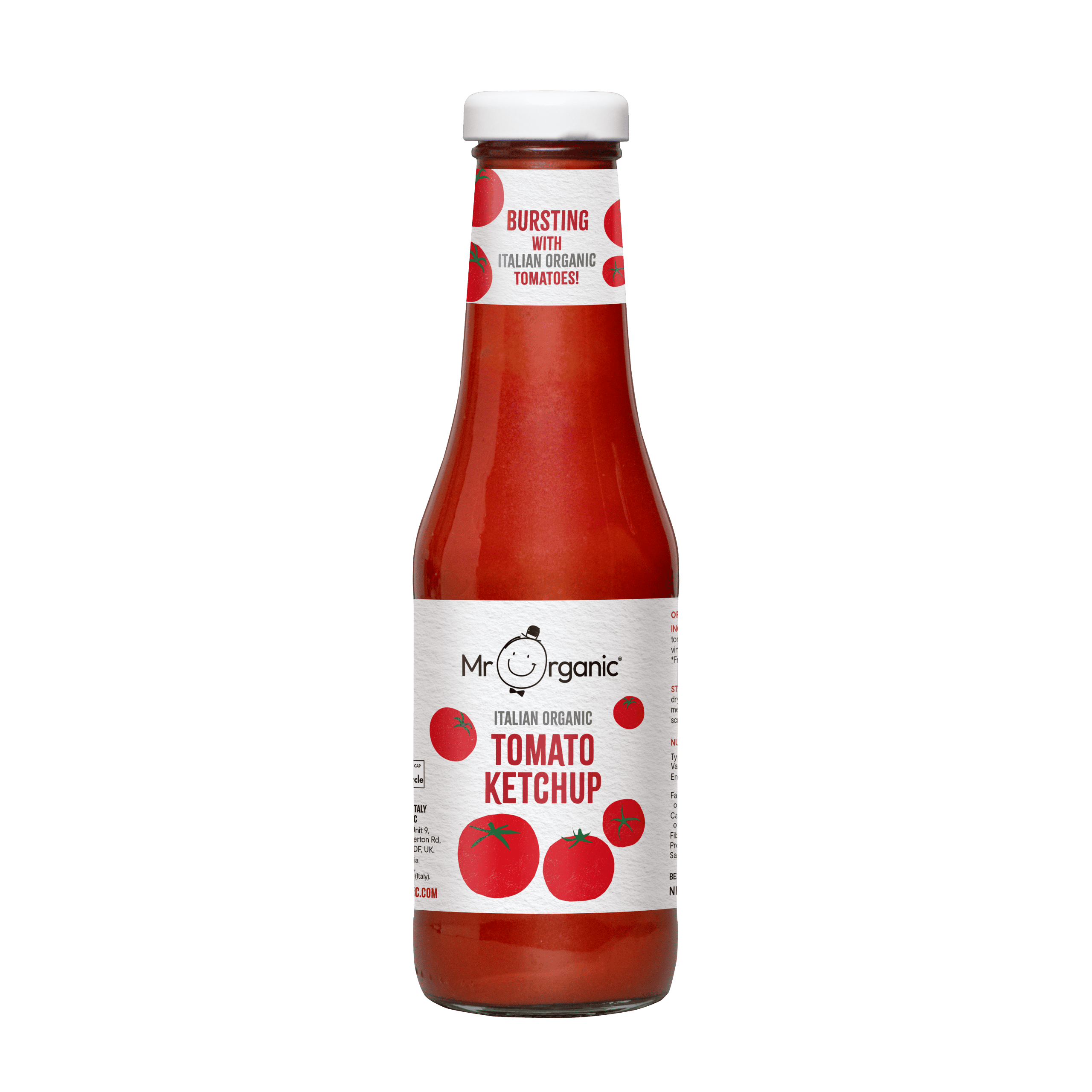Organic tomato ketchup bottle with Italian tomatoes, eco-friendly packaging.