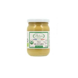 Organic Dijon mustard jar from Delouis France, 200g, natural and gluten-free.