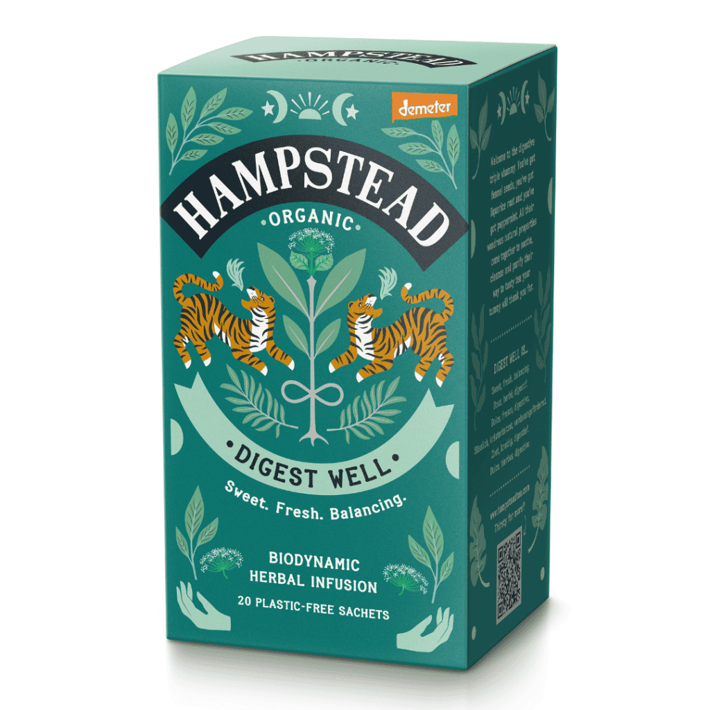 Hampstead Digest Well Tea box with herbal infusions, 20 biodegradable sachets, for digestive health.