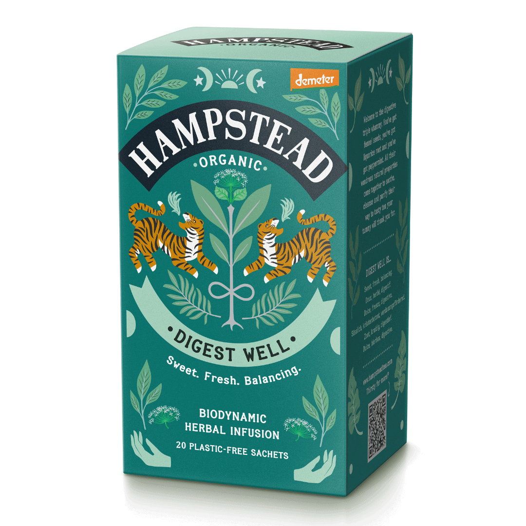 Hampstead Digest Well Tea box with herbal infusions, 20 biodegradable sachets, for digestive health.